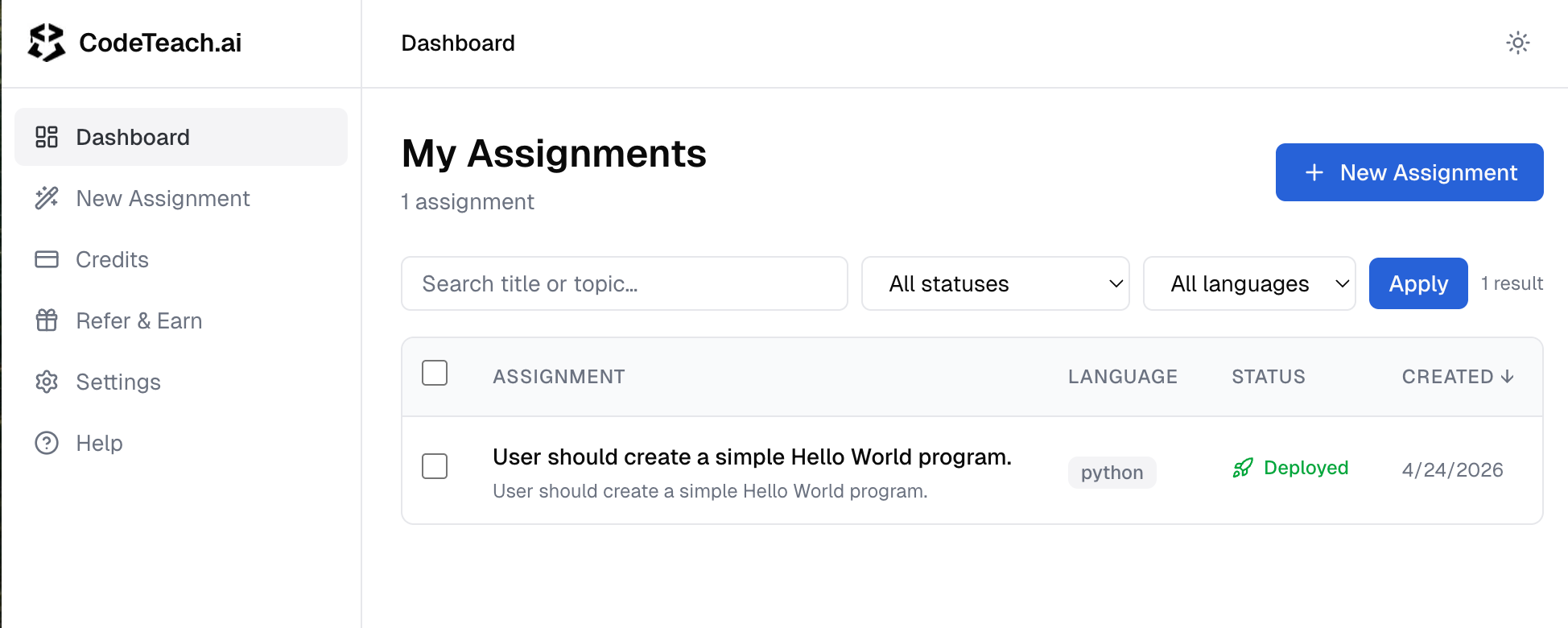 Your dashboard — every assignment you've created lives here, and the New Assignment button in the sidebar is where the workflow starts