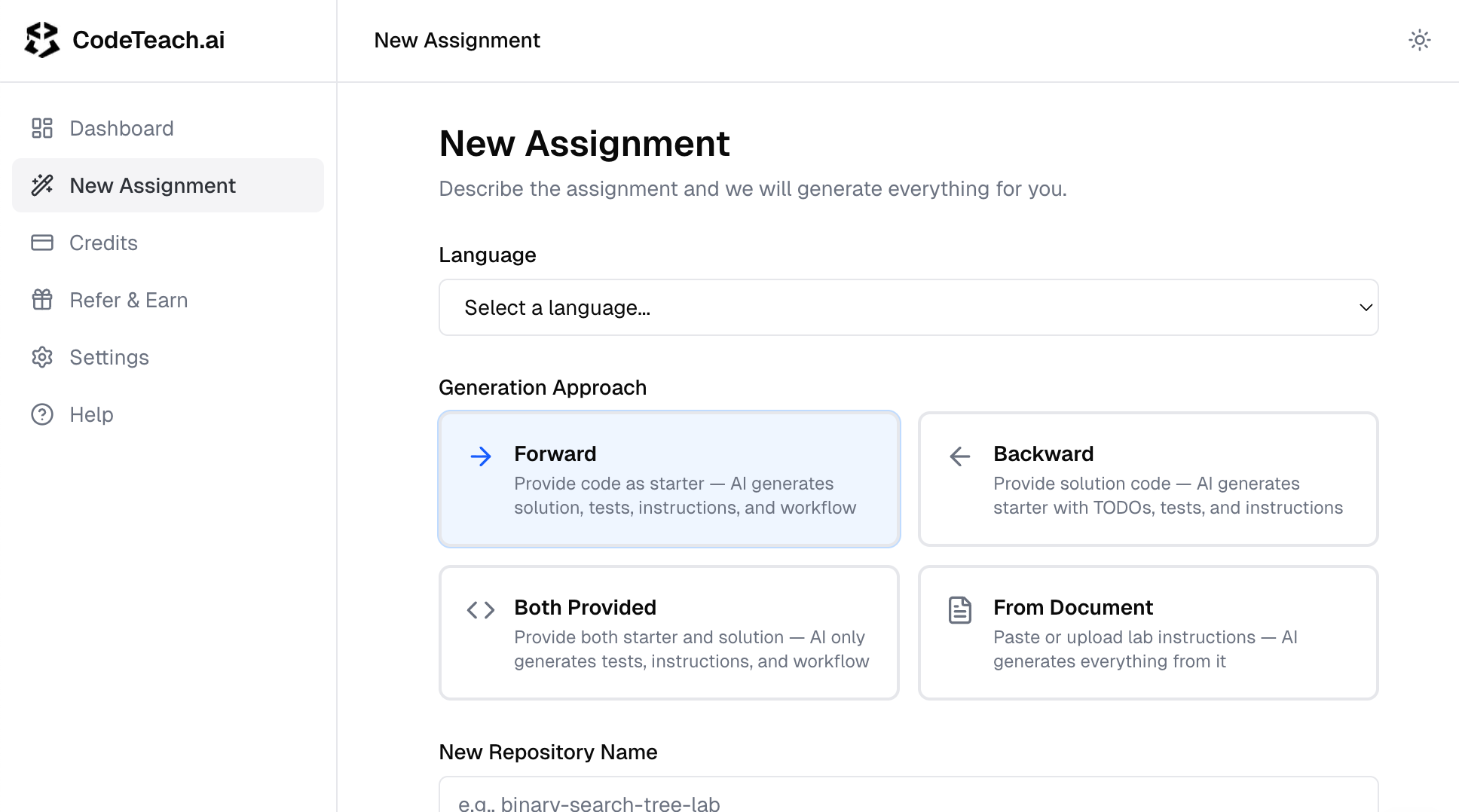 The four generation mode cards on the New Assignment wizard. Forward, Backward, Both Provided, and From Document, in a 2×2 grid.