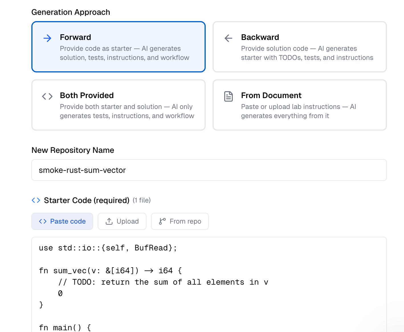 Forward mode selected — Starter Code field is required, with paste / upload / from-repo input options