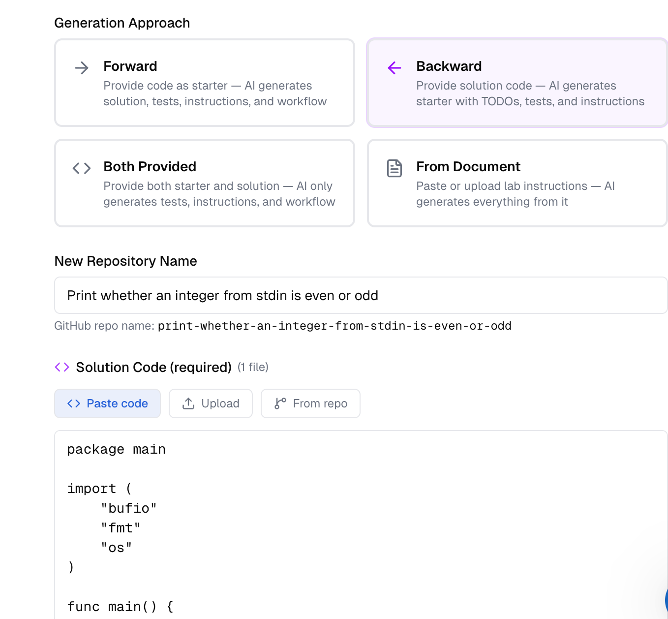 Backward mode selected — Solution Code field is required, with paste / upload / from-repo input options