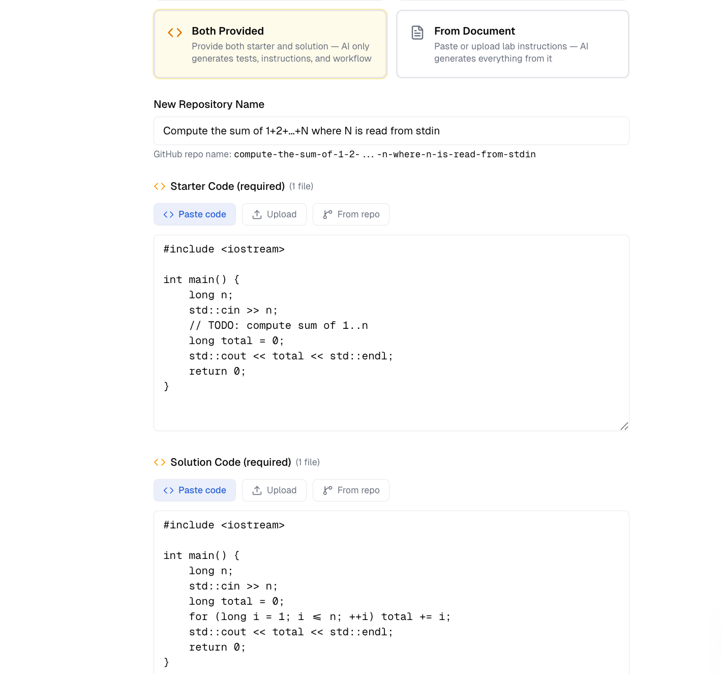 Both Provided mode selected — both Starter Code AND Solution Code fields are required