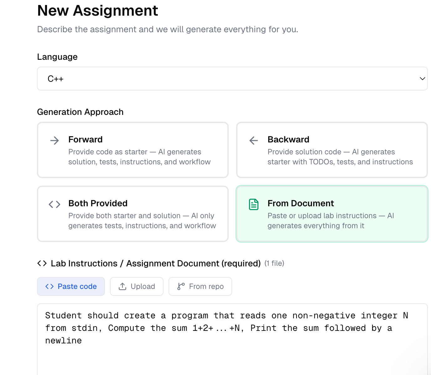 From Document mode selected — Lab Instructions / Assignment Document field is required