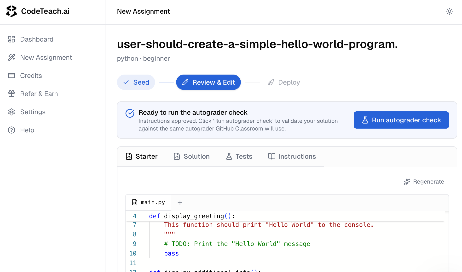 The Review & Edit screen — four tabs across the top (Starter, Solution, Tests, Instructions), the three-stage progress bar above, and the in-browser code editor below
