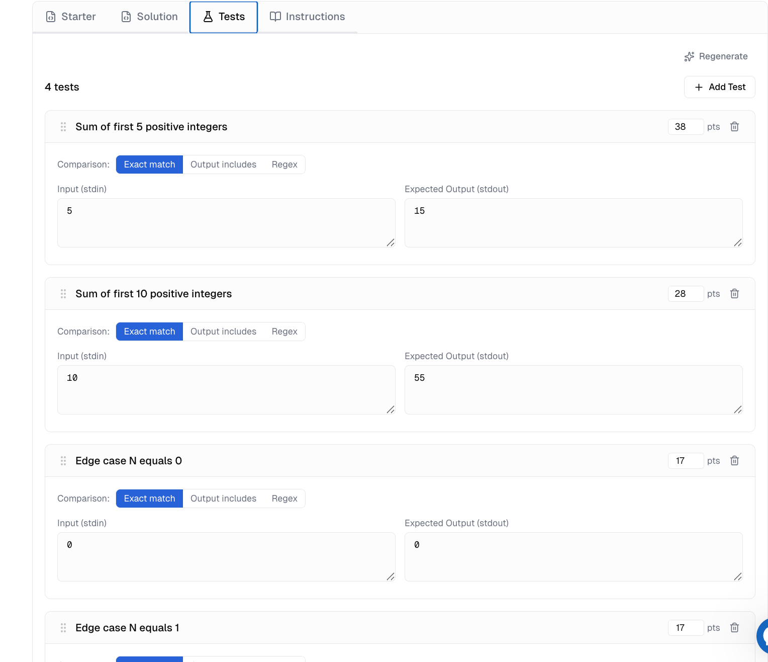 A test row on the Tests tab — Name, Comparison type, Input (stdin), Expected Output (stdout), and Points