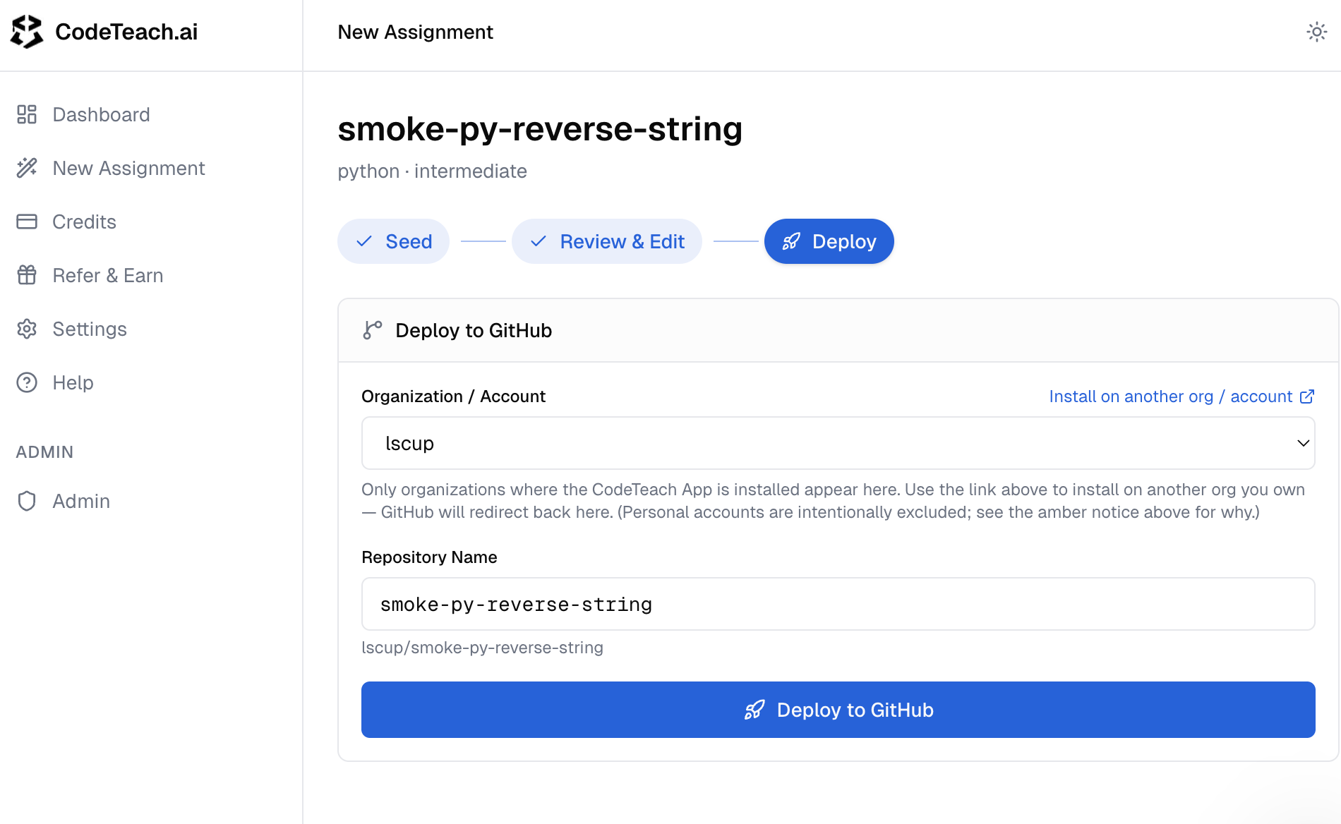 The Deploy step form — Organization dropdown, Repository Name input, and the Deploy to GitHub button below them