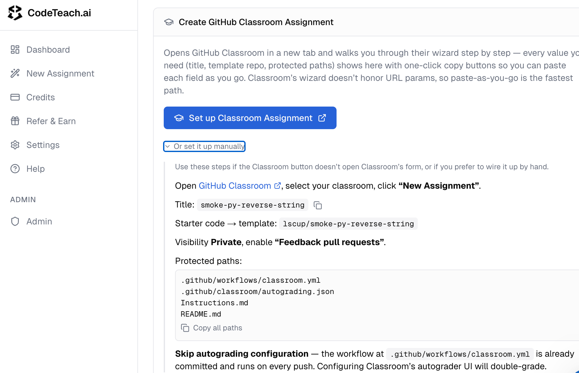 The Classroom setup guide on the Deploy step — Set up Classroom Assignment button + manual steps disclosure below