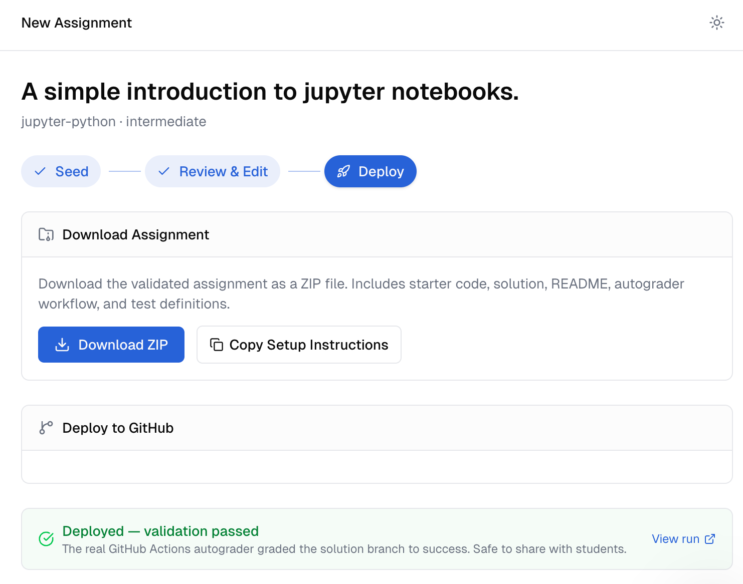 The Download Assignment section on a deployed assignment — Download ZIP button + Copy Setup Instructions button